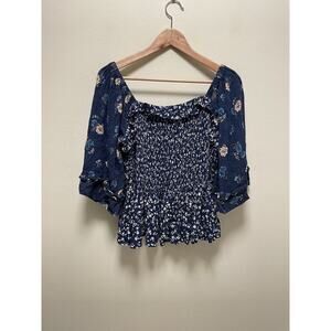 Romantic Gypsy Womens Top 3X Blue Floral Peplum Smocked Crop Cottagecore Fairy